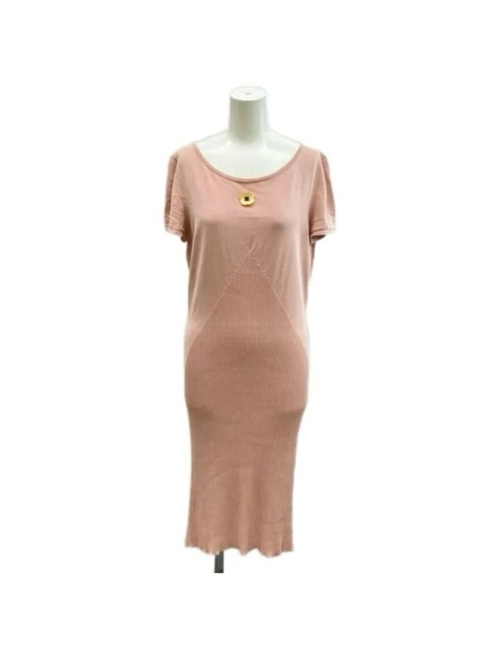 Chanel Camellia Coco Buttons Ribbed Knit Dress Cotton Silk Short Sleeve Midi